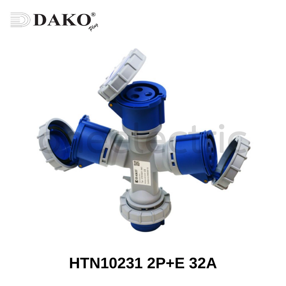 DAKO HTN10231 ปลั๊กเพาเวอร์ 3ทาง 3ขา 2P+E 32A สีน้ำเงิน รุ่นกันน้ำ (Socket ตัวผู้ 1 | Socket ตัวเมีย 3)